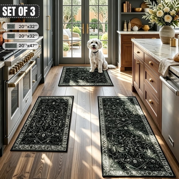 Edlbaegy Kitchen Rug Set 3 Piece,Washable Non Slip Kitchen Mats for Floor,Boho Vintage Floor Mats for Kitchen,Hallway,Laundry,Bedroom