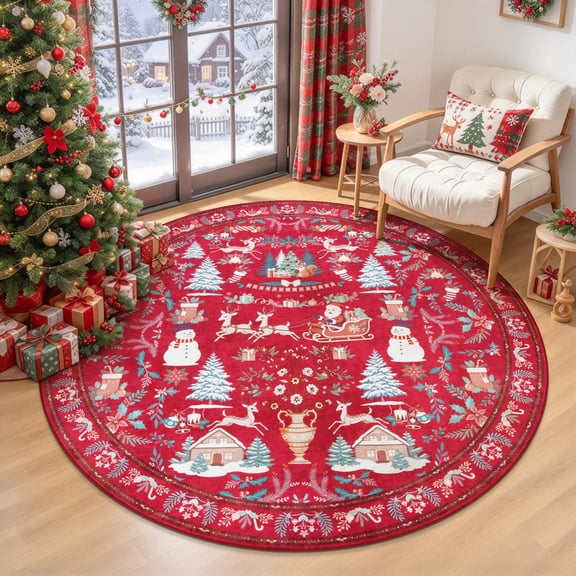 Edlbaegy Round Christmas Rug 6ft Round Rug,Soft Low Pile Round Area Rug Washable,Red Holiday Circle Rugs for Christmas Decor