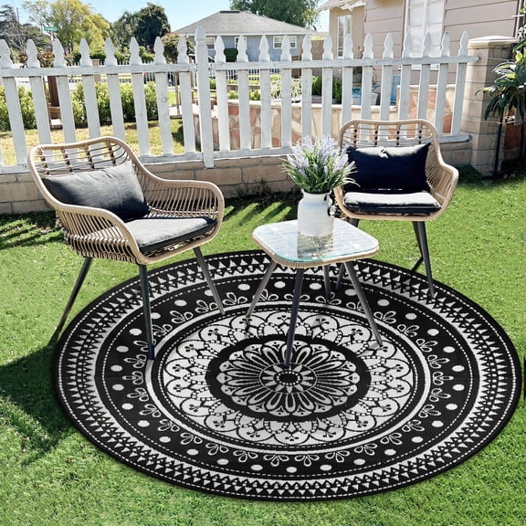 Edlbaegy Round Outdoor Rugs for Patios Waterproof 5ft Boho Plastic RV Camping Mat Reversible Lightweight Portable Outdoor Carpet for Patio Backyard Porch