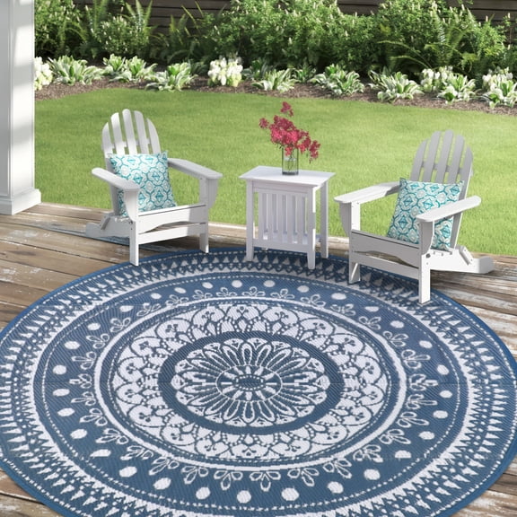 Edlbaegy Round Outdoor Rugs for Patios 5ft Boho Plastic Outdoor Rug Waterproof Lightweight Portable Outdoor Carpet for Patio Backyard Porch