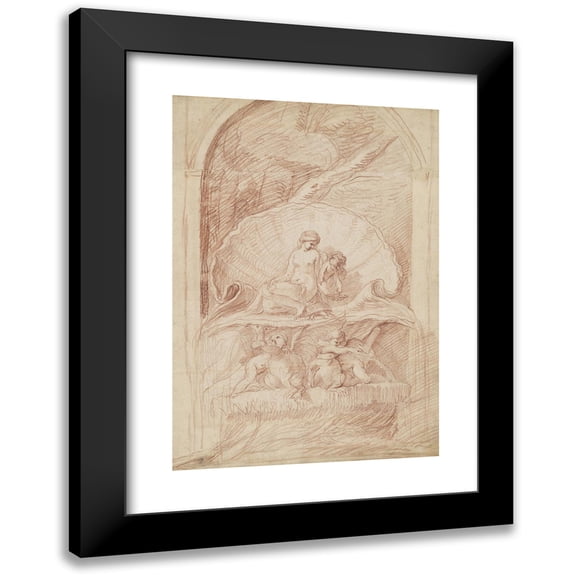 Edmé Bouchardon 11x14 Black Modern Framed Museum Art Print Titled - Rocaille Fountain with Venus, Amorini and Swans (C. 1735)