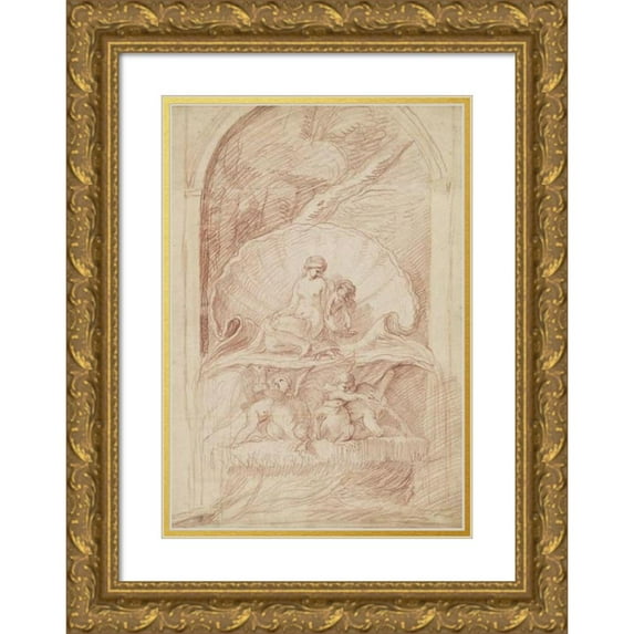 Edmé Bouchardon 11x14 Gold Ornate Wood Frame and Double Matted Museum Art Print Titled - Rocaille Fountain with Venus, Amorini and Swans (C. 1735)