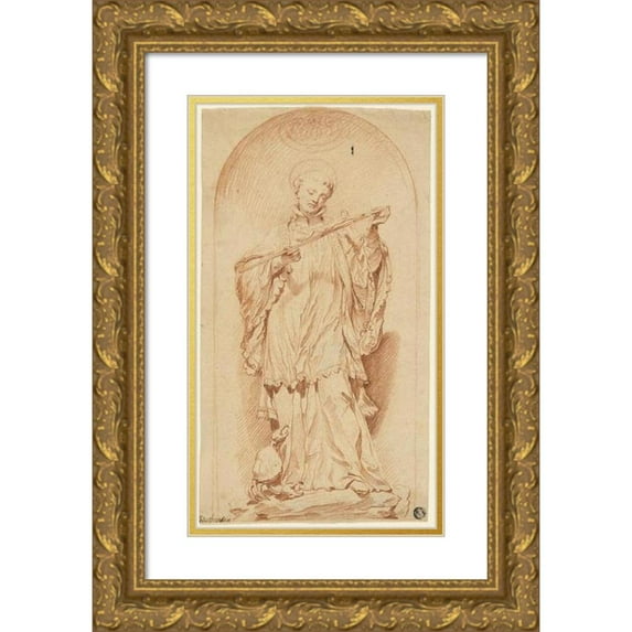 Edmé Bouchardon 15x24 Gold Ornate Framed and Double Matted Museum Art Print Titled - Saint Francis Holding a Crucifix