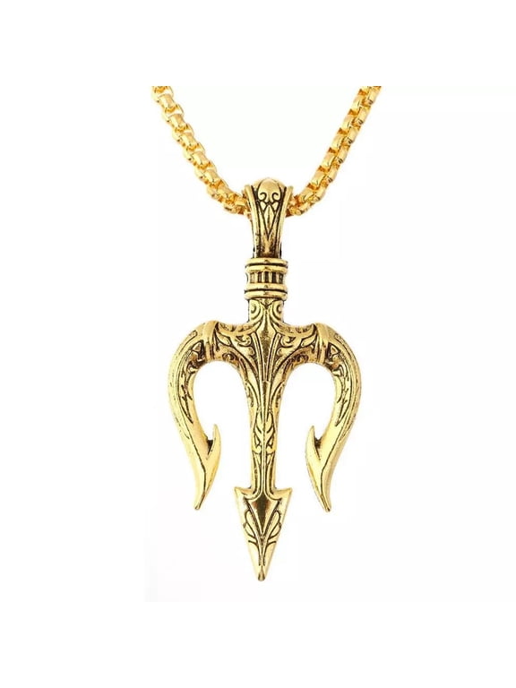 Poseidon Men Vintage Trident Pendant Ancient Greece Amulet Necklace for Men, Gift for Sailor, Greek Mythology Amulet Pendant (Golden)