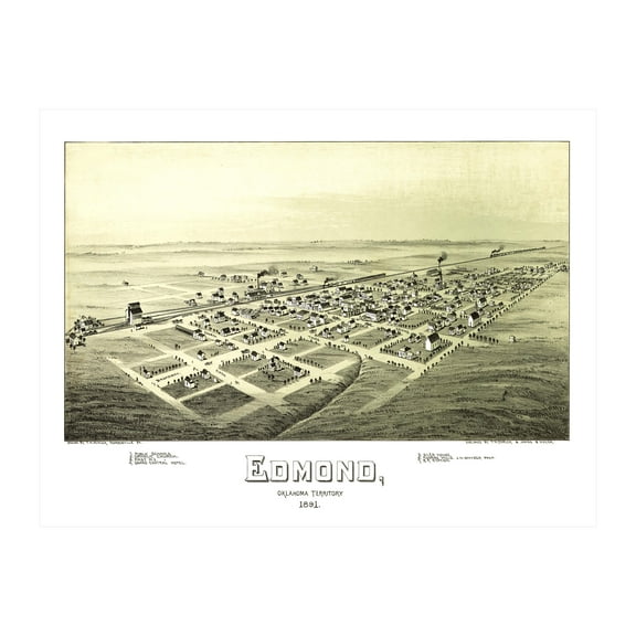 Edmond Art, 1891 Vintage Map of Edmond Oklahoma, OK History Wall Decor Gift, Old Edmond Map - 24" x 18" Unframed Print