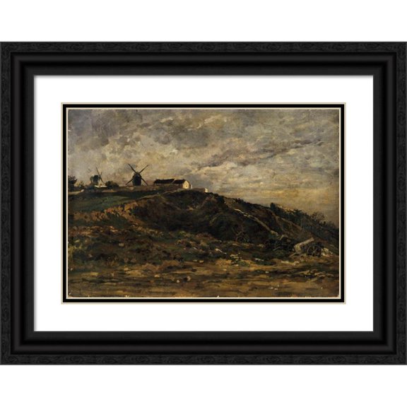 Edmond Charles Joseph Yon 24x18 Black Ornate Framed Double Matted Museum Art Print Titled: The Montmartre Mills; North Slope (1865)