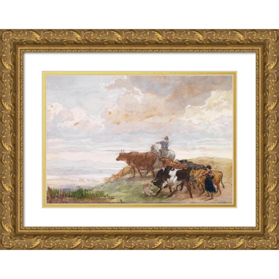 Edmond Jean-Baptiste Tschaggeny 18x14 Gold Ornate Wood Frame and Double Matted Museum Art Print Titled - Shepherd Scene (1857-1864)