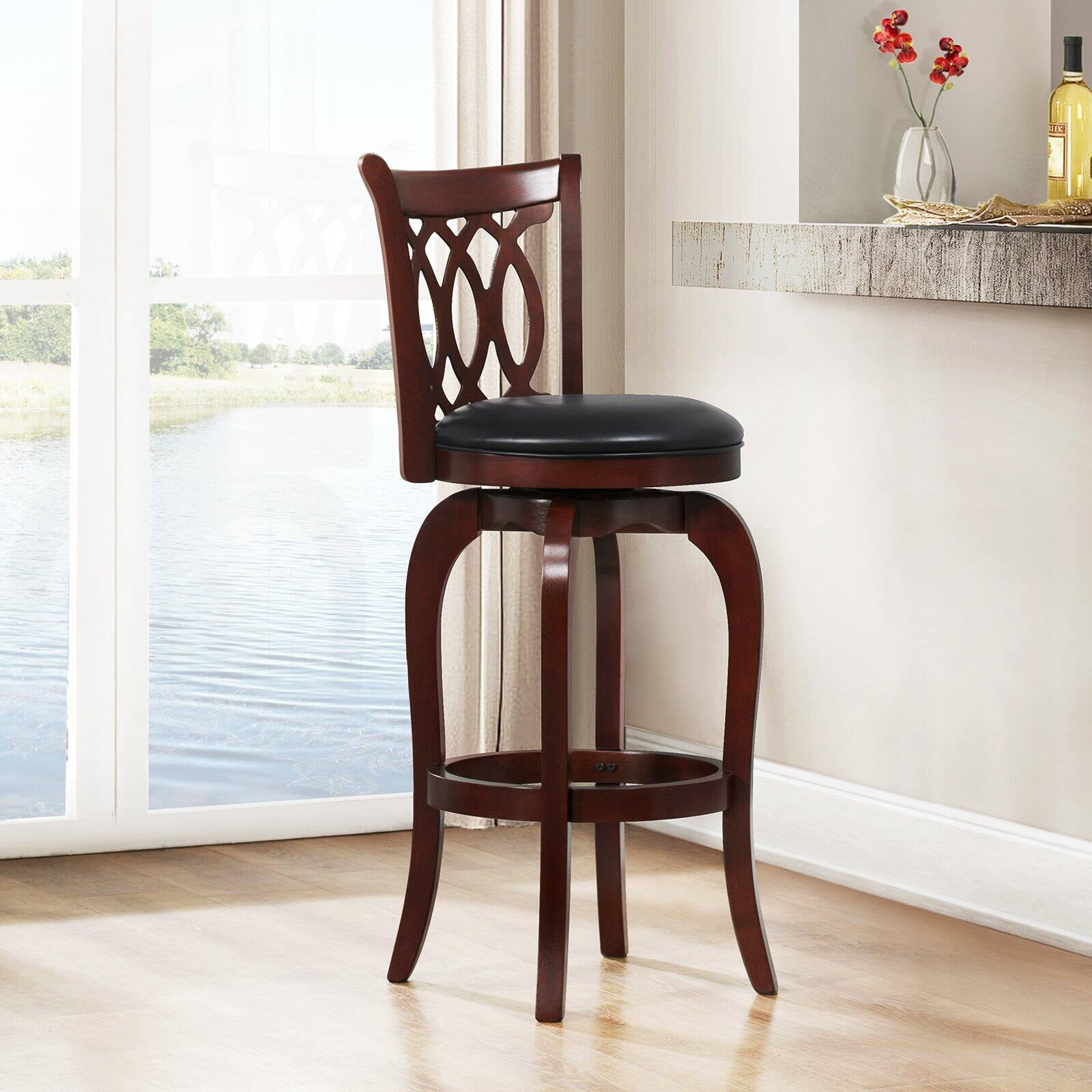 Black Faux Leather and Wood Swivel Bar Stool