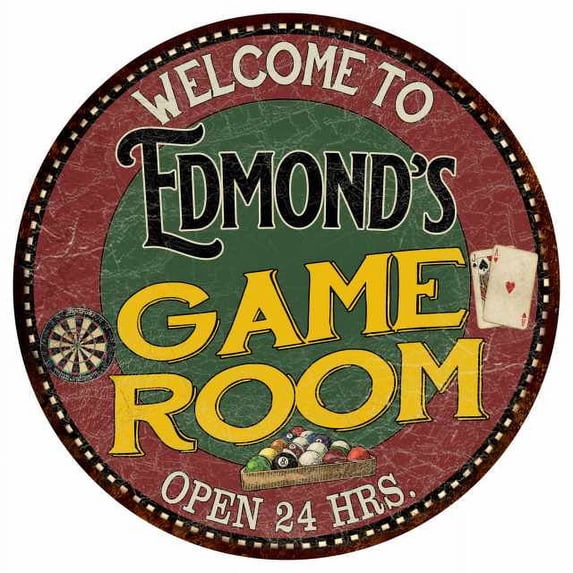 Edmond's Game Room 14" Round Metal Sign Bar Kitchen Red Wall Decor 100140032274