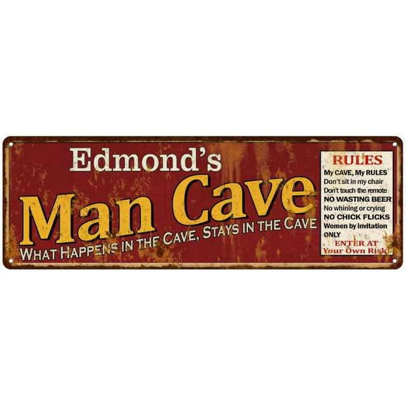 Edmond's Man Cave Rules Red Personalized Metal Sign Gift 8x24 108240004273
