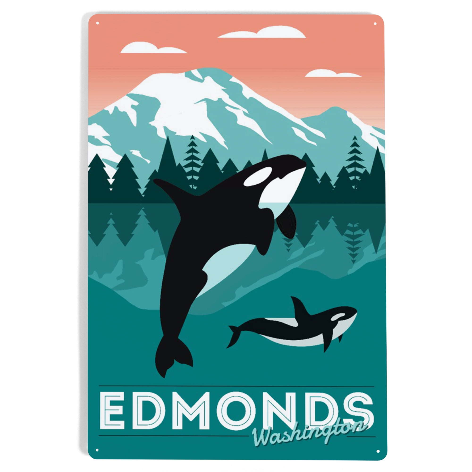 Edmonds, Washington, Orca Whale and Calf, Vector (12x18 Aluminum Art