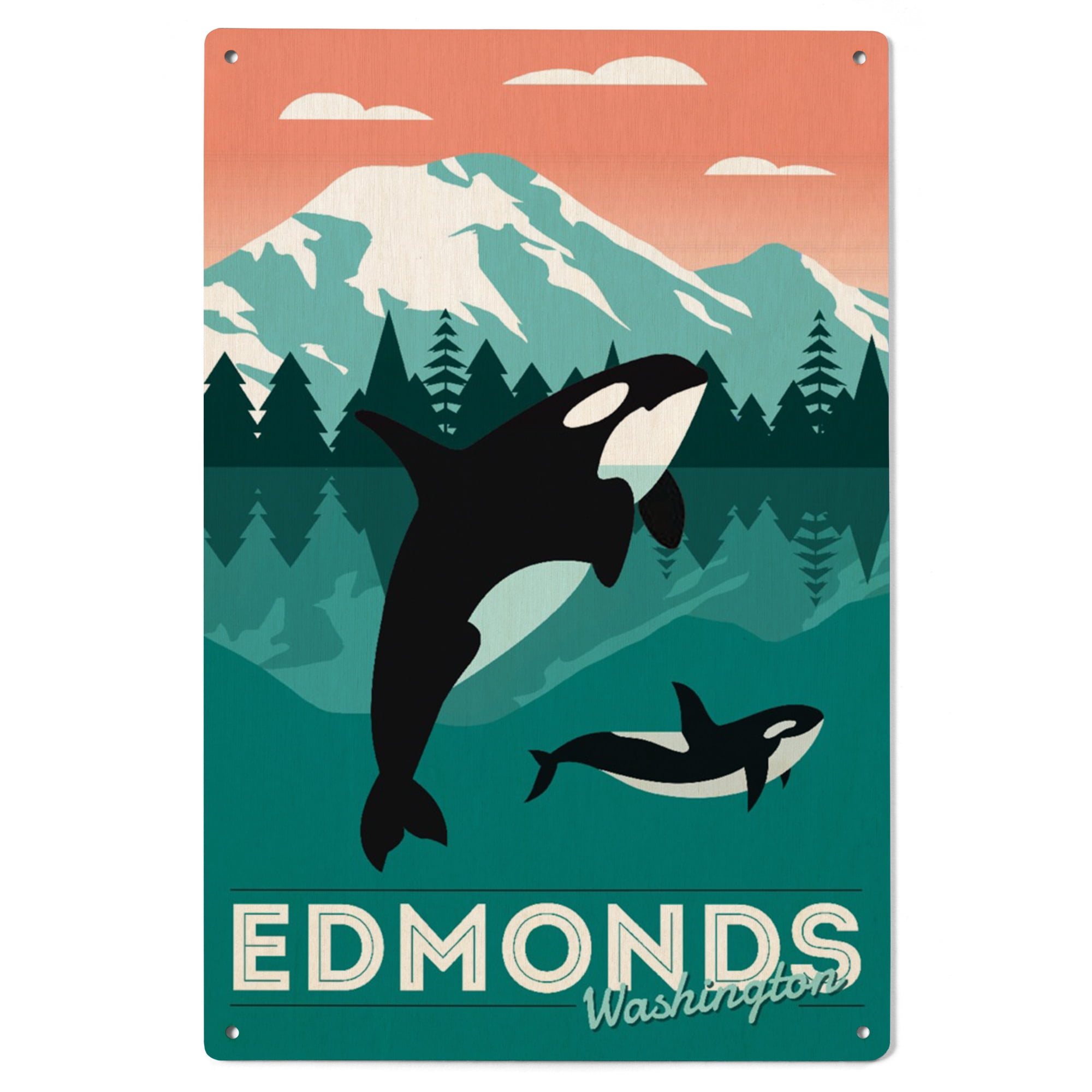 Edmonds Sign Edmonds, Washington, Orca Whale and Calf, Vector Birch Wood Wall Sign ...