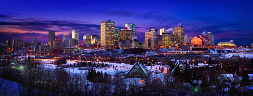 Edmonton Winter Skyline Canvas Art - Corey Hochachka Design Pics (44 x 17)