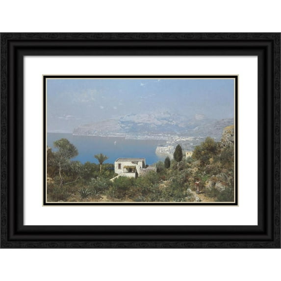Edmund Berninger 18x13 Black Ornate Wood Framed Double Matted Museum Art Print Titled - A View of the Bay of Sorrento