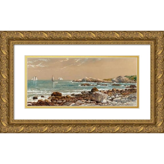 Edmund Darch Lewis 24x13 Gold Ornate Framed and Double Matted Museum Art Print Titled - Ships at Sea on a Rocky Coast (1895)