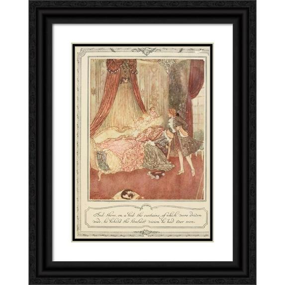 Edmund Dulac 11x14 Black Ornate Wood Framed Double Matted Museum Art Print Titled: And There, on a Bed the Curtains of Which Were Drawn Wide He Beheld the Loveliest Vision He Had Ever S