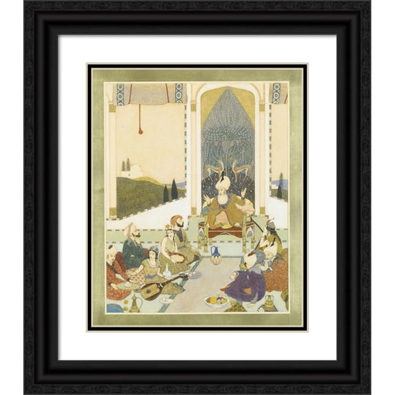Edmund Dulac 12x14 Black Ornate Wood Framed Double Matted Museum Art Print Titled: Sindbad the Sailor Entertains Sindbad the Landsman (1914)