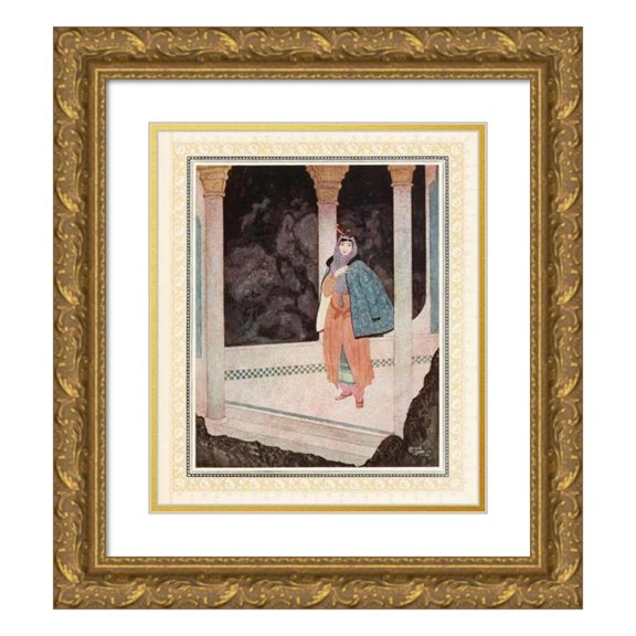 Edmund Dulac 20x23 Gold Ornate Framed and Double Matted Museum Art Print Titled - The Prince Meets a Noble Lady in the Underground Palace (1914)