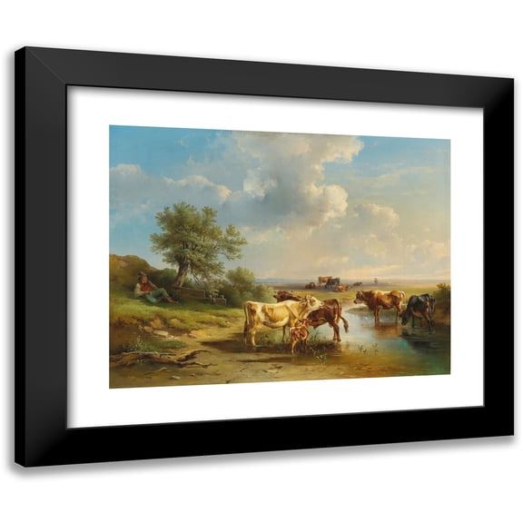 Edmund Mahlknecht 24x19 Black Modern Framed Museum Art Print Titled - Herdsman with Herd of Cows on the Banks of the Stream