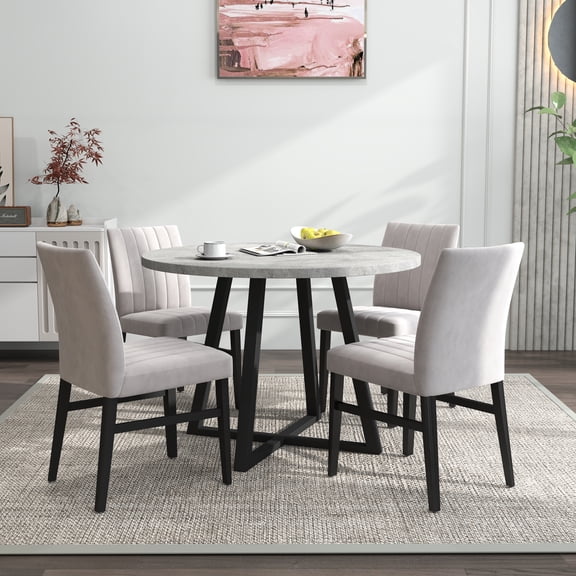 Edo 5-Piece Dining Set, Round Trestle Table and 4 Upholstered Chairs, Gray and Tan