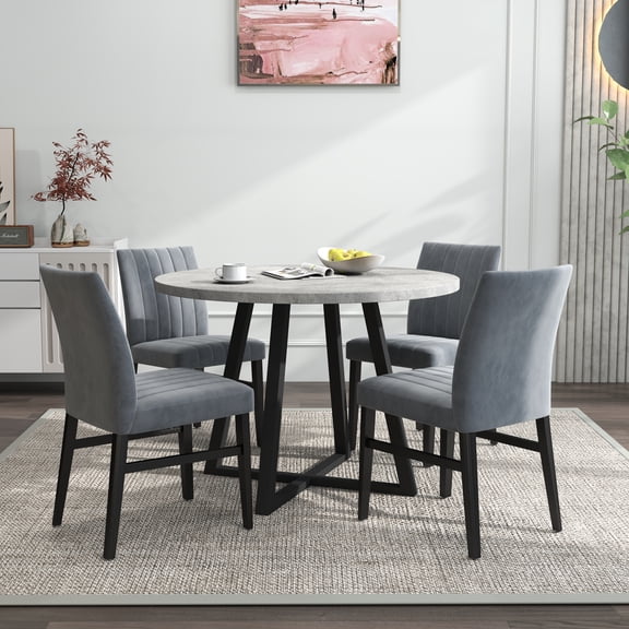 Edo 5-Piece Dining Set, Round Trestle Table and 4 Upholstered Chairs, Gray