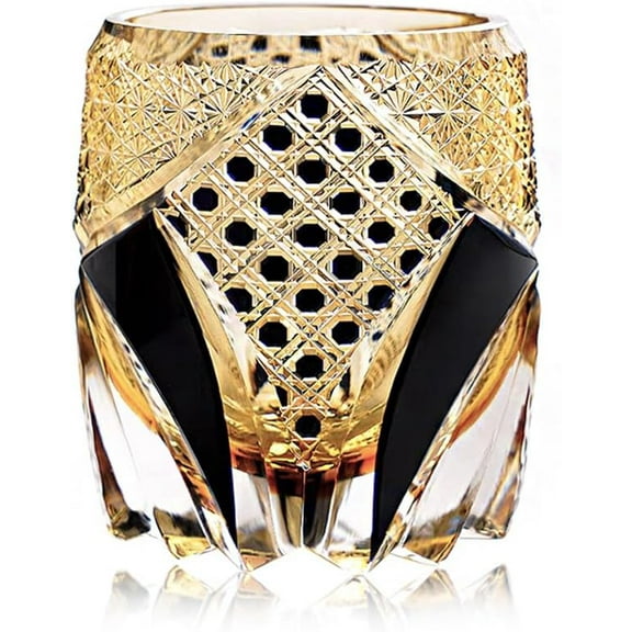 Edo Kiriko Hand-Carved Gold Accent Sake Glass Cup - Japanese Traditional Artisan Crafted Crystal Whiskey Glass, Luxury Amber Crystal Design Barware, Unique Gift for Collectors & Sake Enthusiasts