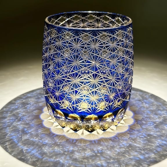 Edo Kiriko Japanese Crystal Whisky Glass Blue Daisy Diamond Pattern Hand Cut 11oz