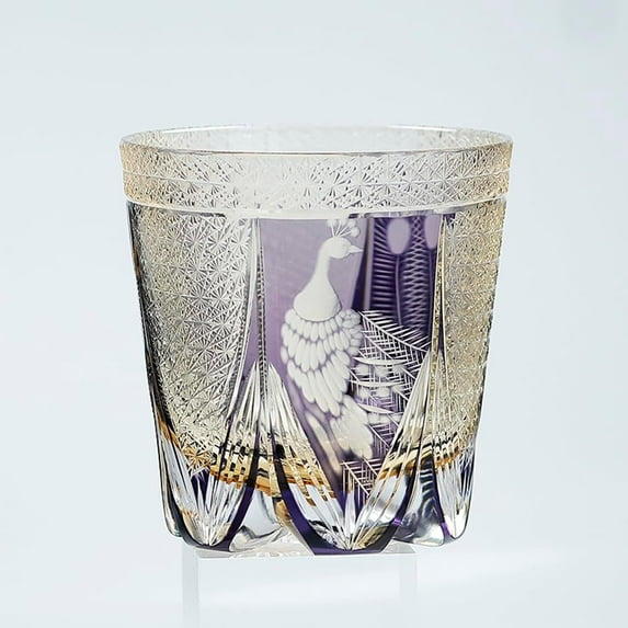Edo Kiriko Old Fashioned Glasses Japanese Style Crystal Purple Peacock Glass10 0z Hand Cut Glass Cup Tumbler for Vodka Cocktail Whiskey