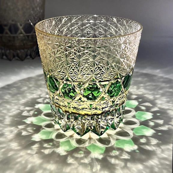 Edo Style Kiriko Crystal Glass, Green Premium Diamond-Cut Design, for Bourbon, Scotch, Cocktail, 11oz