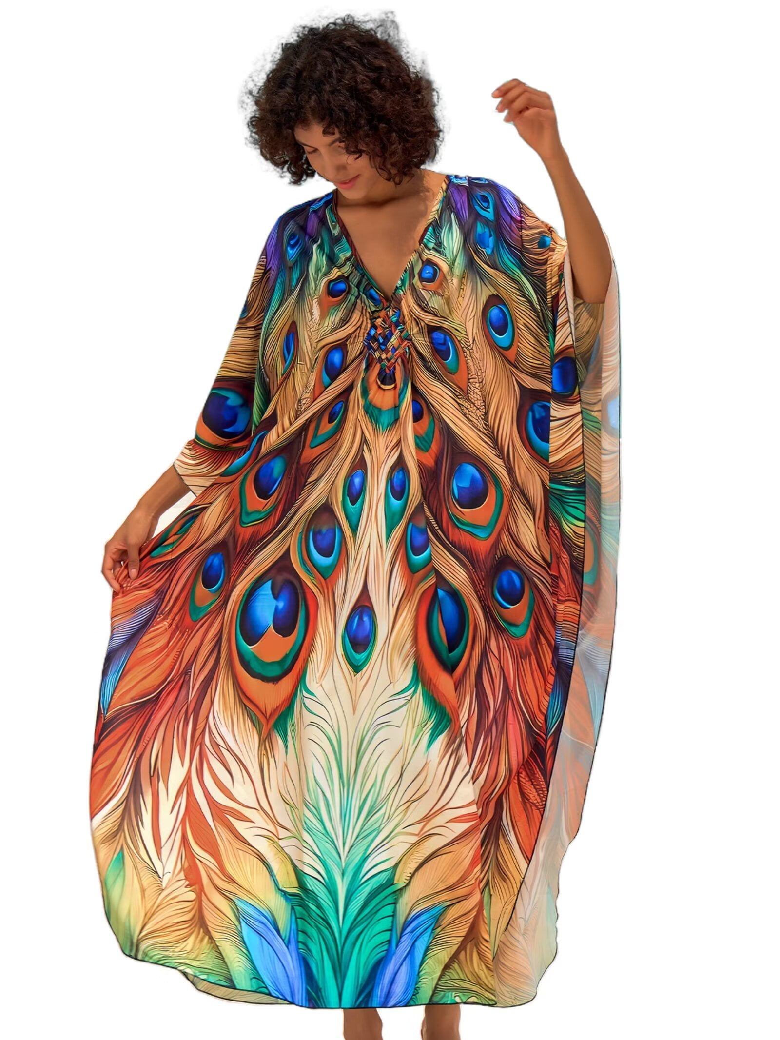 Edolynsa Animal Print Beach Kaftan Dress for Women Batwing