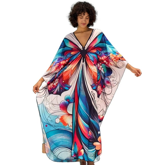 Edolynsa Animal Print Beach Kaftan Dress for Women Batwing Sleeve Caftan Loungewear Moroccan mumu Dresses Bathing Suit Cover up