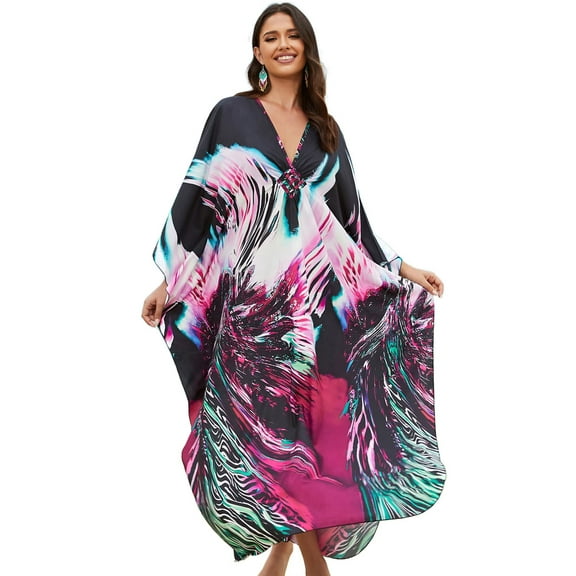 Edolynsa Beach Party Casual Dress Batwing Sleeve Swimsuit Cover Up Women Long Maxi Plus Size Kaftan Robe Caftan Gown