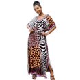 thumbnail image 1 of Edolynsa Brown Leopard Print Kaftan Dress Plus Size Bohemian Beach Cover Up Side Split Summer Outfit with Self Tie, 1 of 8