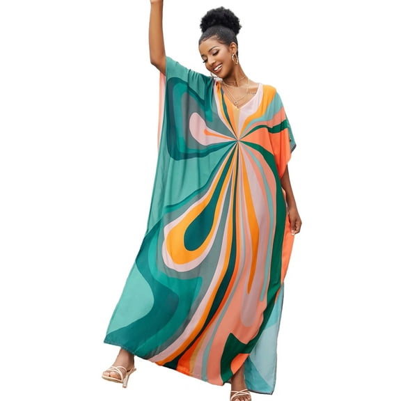 Edolynsa Colorful Floral Printed Kaftan Dresses For Women Cover Up Plus Size Casual Homewear Summer Resort Outfit