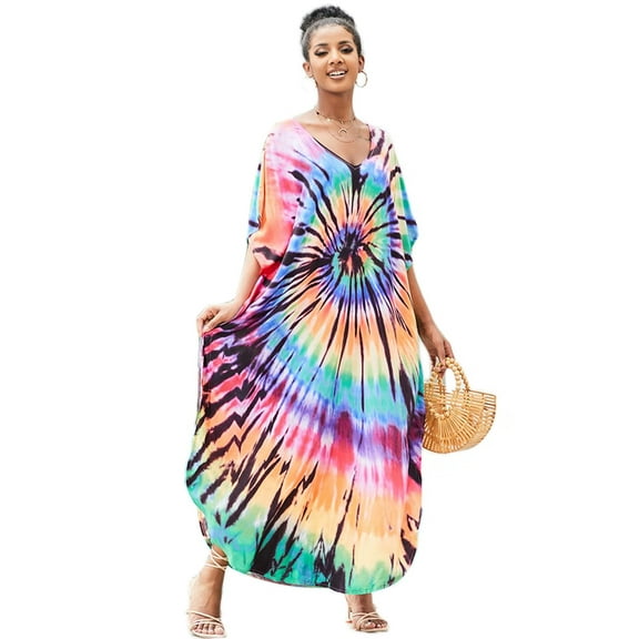 Edolynsa Colorful Tie-Dye Striped Kaftan Dress Women's Summer Maxi Dress Plus Size Bohemian Beach Cover Up