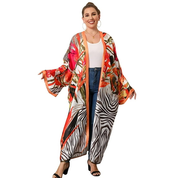Edolynsa Long Open Front Print Bathing Suit Cover Ups for Women Sexy Beach Kimono Cardigans