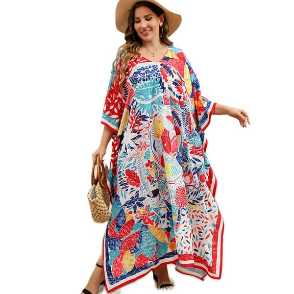 Edolynsa Plus Size Africa Kaftan Dress Batwing Sleeve Bathing Suit Cover up Long Summer Outfit