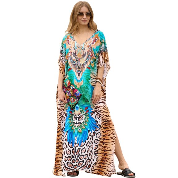 Edolynsa Plus Size Bohemian Kaftan Dress Animal Print Summer Outfit V-Neck Resort Wear