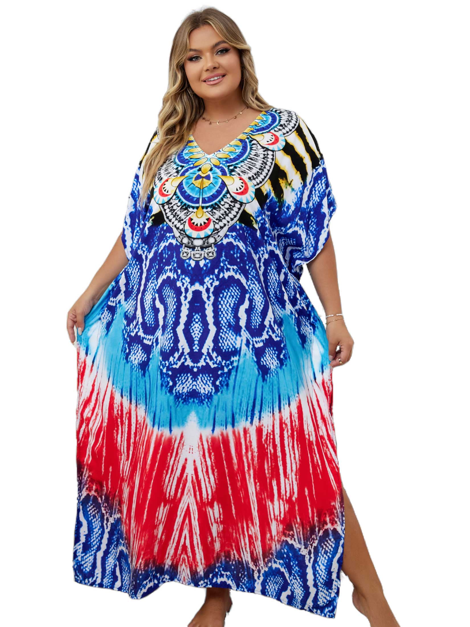 plus size resort dresses Brown Floral Polyester Women Kaftan Dress 1X-3X Gypsie Blu breezy spring dresses Women's Plus Size Dresses |
