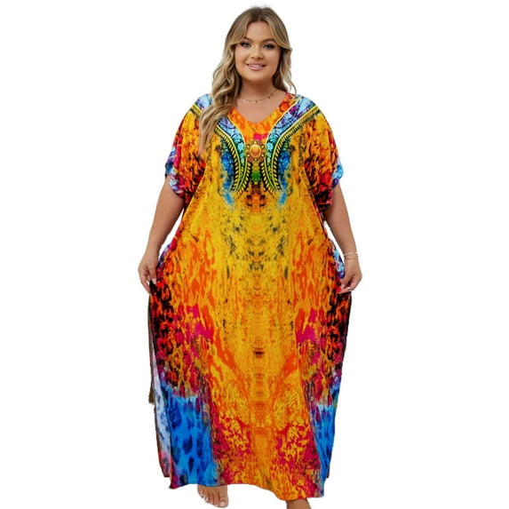 Edolynsa Plus Size Kaftan Dresses for Women Maxi Beach Dress Bathing Suit Cover up Lightweight Resort Wear Mumu Dress