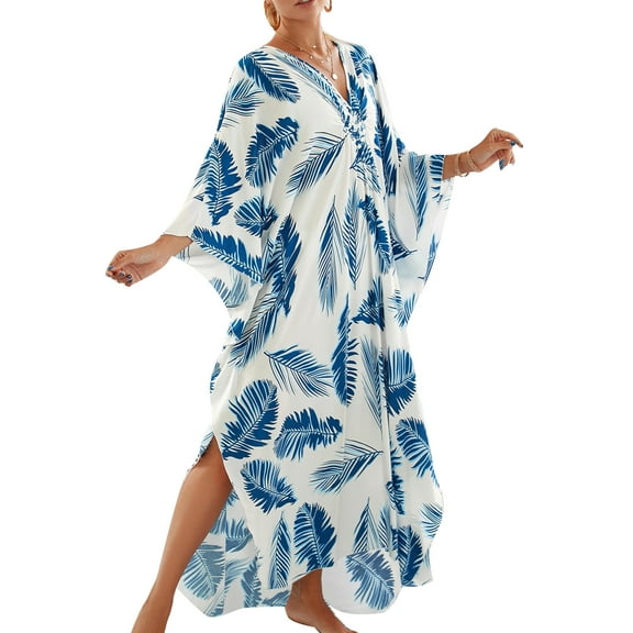 Edolynsa Plus Size Kaftan Dresses for Women Print Swimwear Cover up Beach Caftan Robe Maxi Loungewear