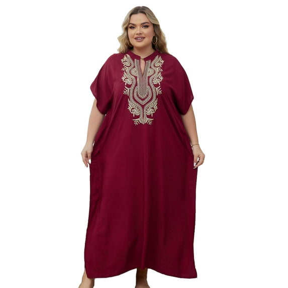 Edolynsa Plus Size Moroccan Kaftan Dress for Women Embroidery Caftan Tunic Maxi Beach Dresses Bathing Suit Cover up Sleepwear