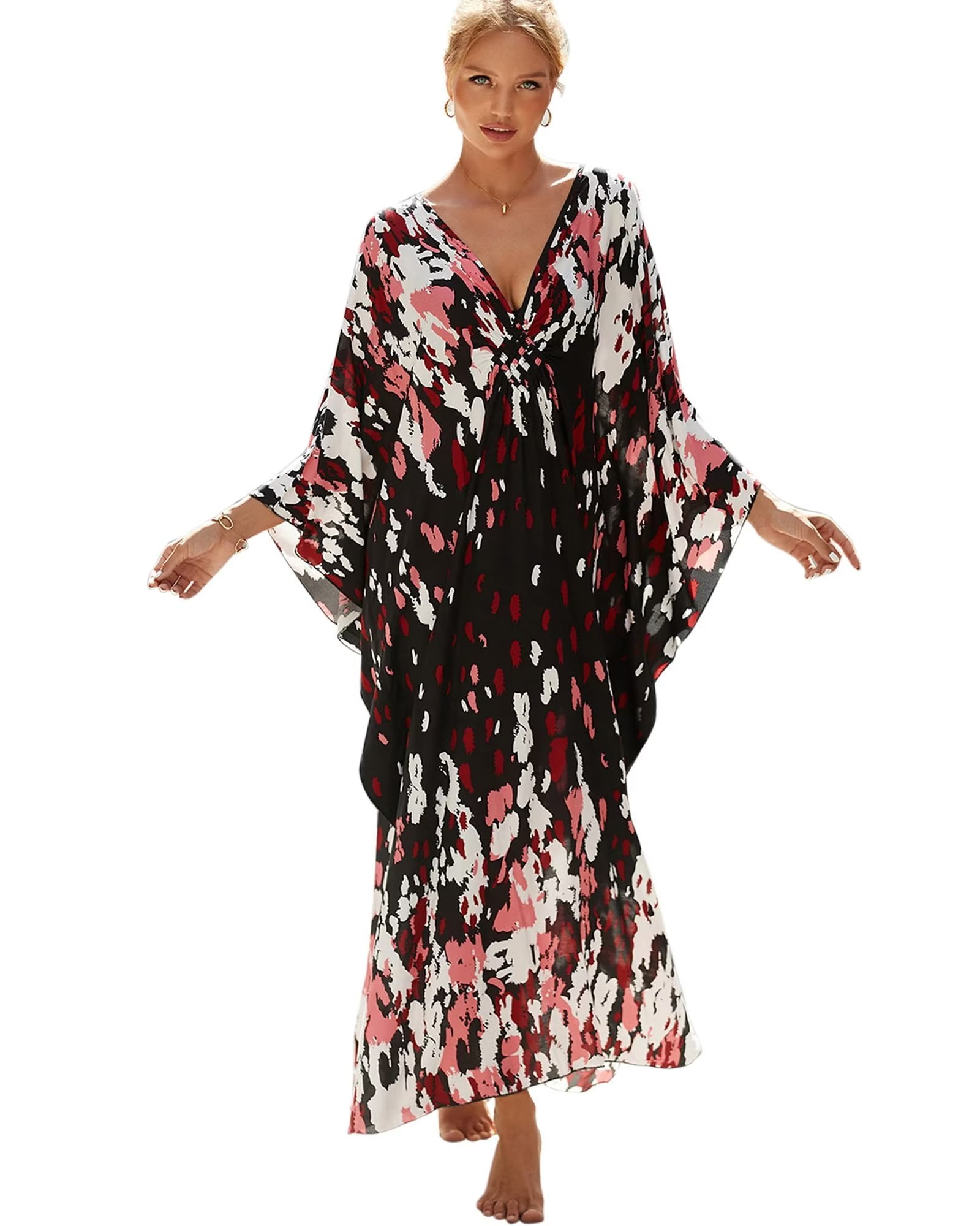 Ailaoyou Embroidery Kaftan Cover Ups For Swimwear Women Plus Caftans V Neck Batwing Sleeve Kaftan Casual Bikini Resort Dress (23165-0,US,Alpha,XXL,XX- Large,Regular,Regular) At Women's Clothing Store
