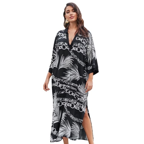 Edolynsa Printed Shirt Dress for Women Half Sleeve Beach Tunic Casual Summer Outfit Oversize Bikini Cover-up Collar Long Tops