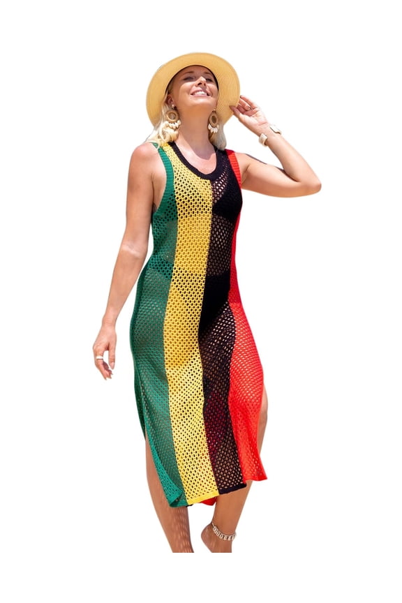 Rainbow Crochet Maxi Dress Plus Size Hollow Beach Kaftan Knitted Dress Sleeveless Bikini Cover Up
