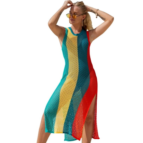 Edolynsa Rainbow Crochet Maxi Dress Plus Size Hollow Beach Kaftan Knitted Dress Sleeveless Bikini Cover Up
