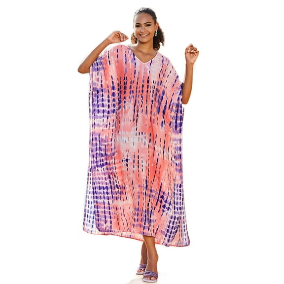 Edolynsa Striped Print Kaftan Bat Sleeve Beach Dress Plus Size Swimsuit Cover-Up Casual Pink Outfit Caftans