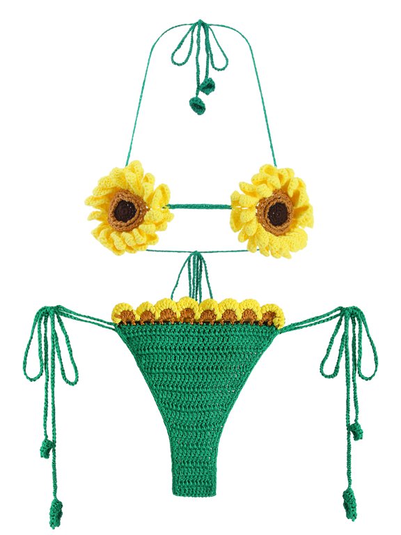 Unique Floral Crochet Bikini for Women Adjustable Halter Swimwear Cute Sunflower Design Beach Pool Vacation Outfit