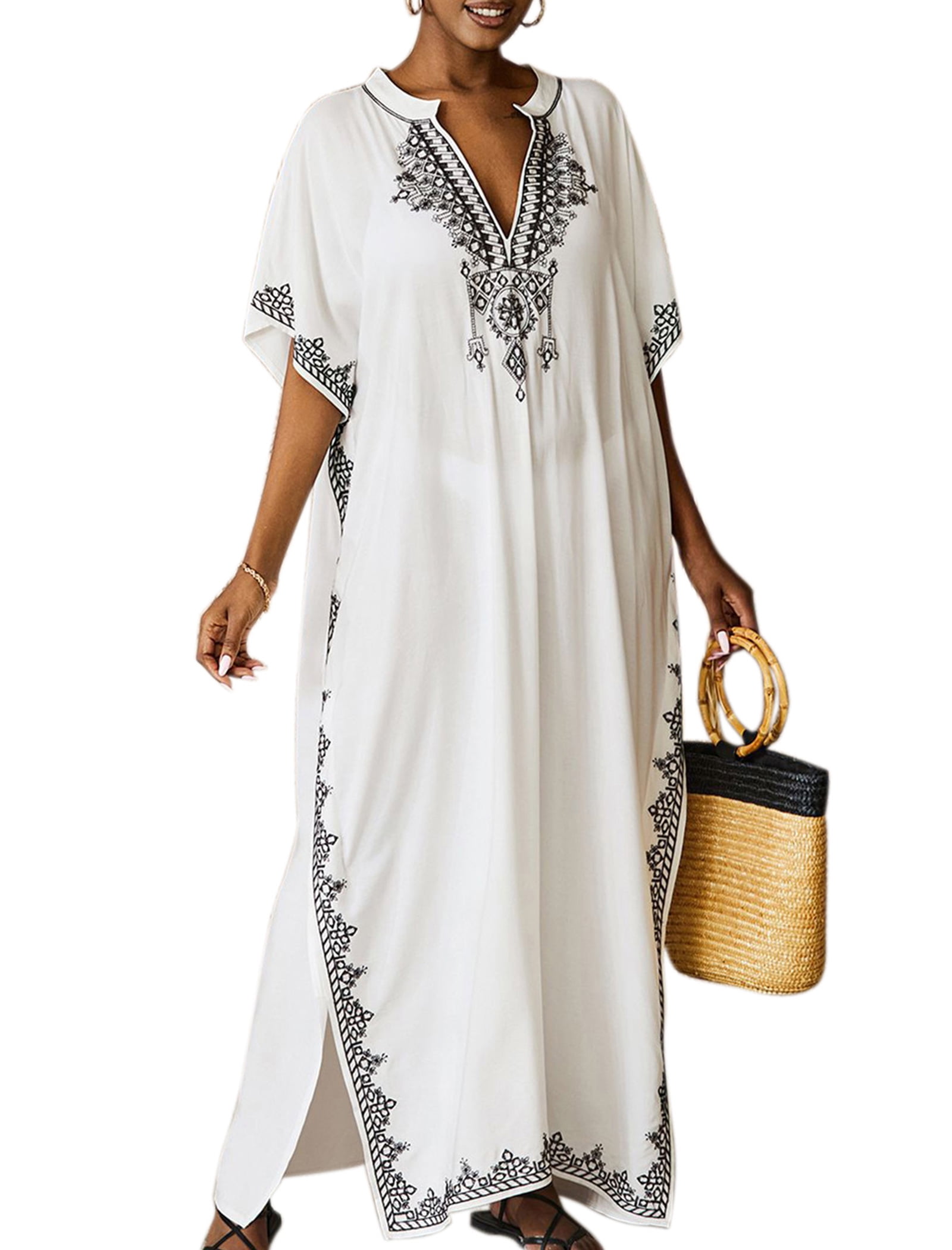 Edolynsa Women Embroidery Caftans Short Sleeve Bikini Swimsuit Cover Up