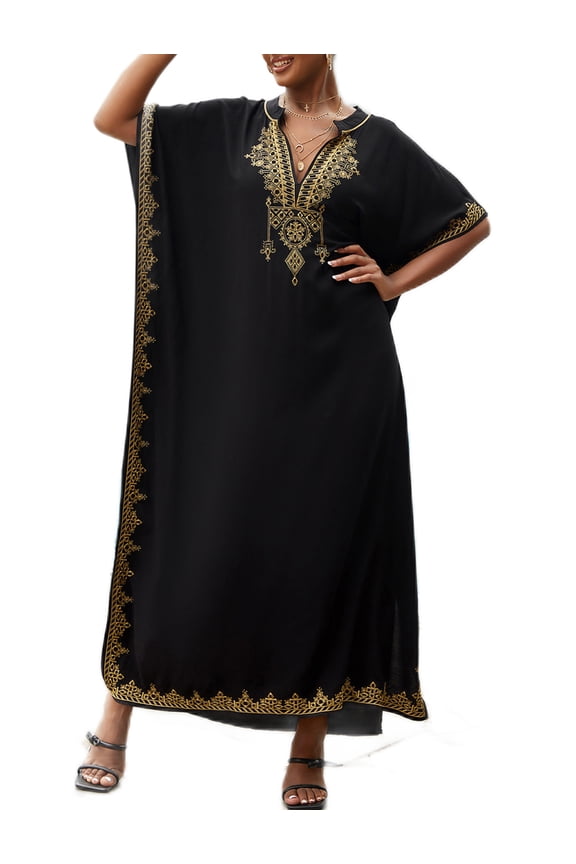 Women Embroidery Caftans Short Sleeve Bikini Swimsuit Cover Up Side Split Beach Dress Moroccan Kaftan